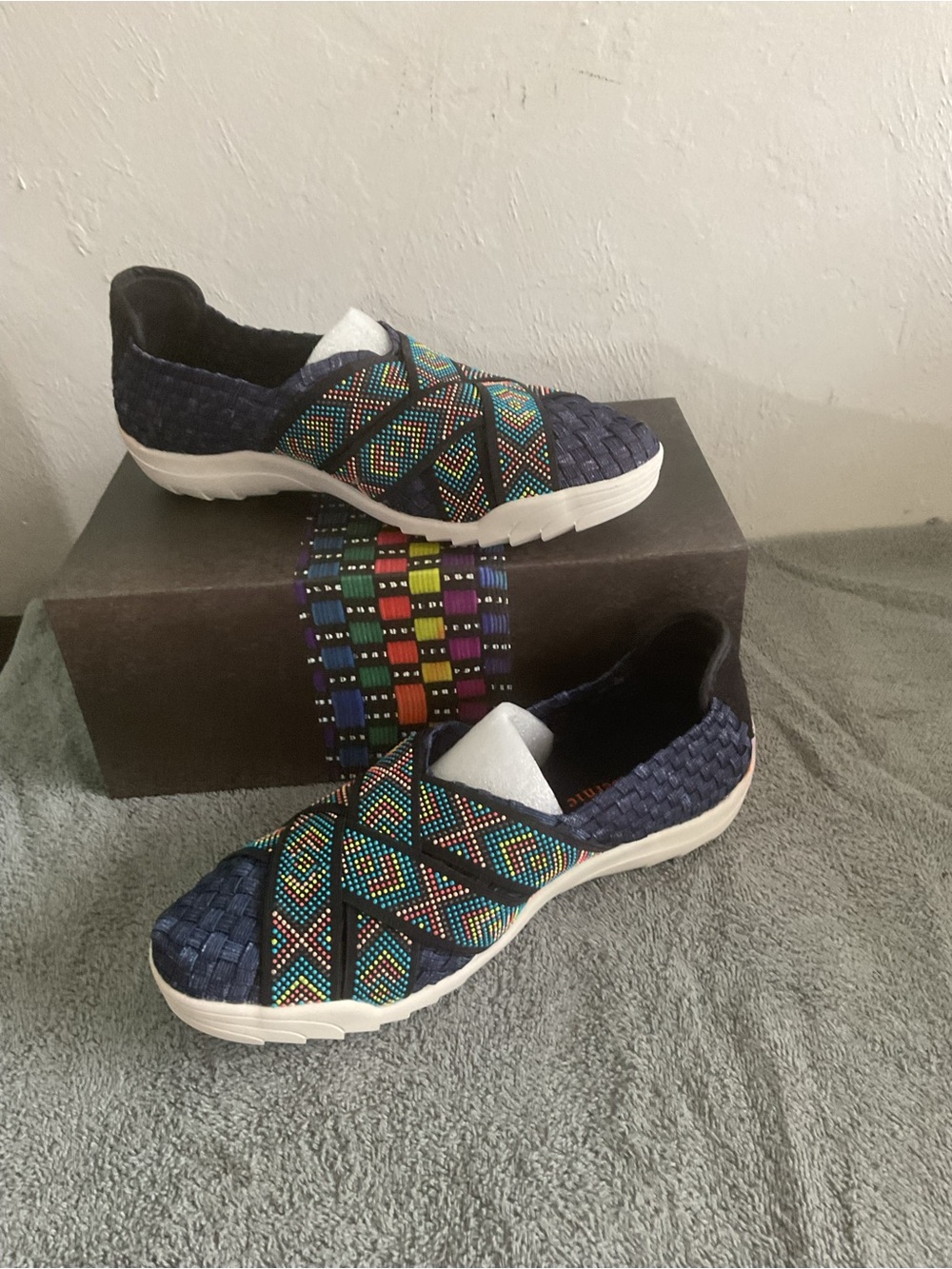 bernie mev. Navy Woven Slip-Ons with Multicolor Beaded Straps